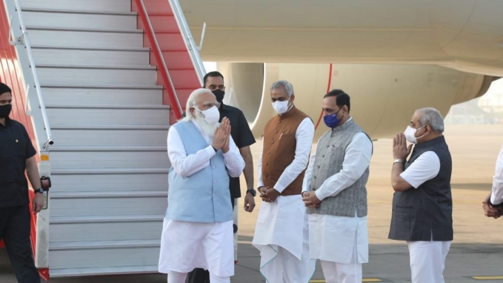 PM Modi arrives in Ahmedabad to address Combined Commanders' Conference in Kevadia today 