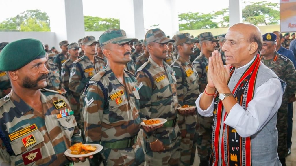 Shri Rajnath Singh interacts with troops at Headquarters Inspector General Assam Rifles (South) in Manipur